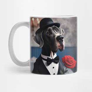 Great dane dog in formal tuxedo with hat and candlelight Mug